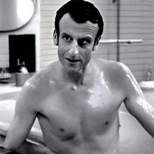 Image similar to Emmanuel macron taking a bath in American Psycho (1999), blur on his body