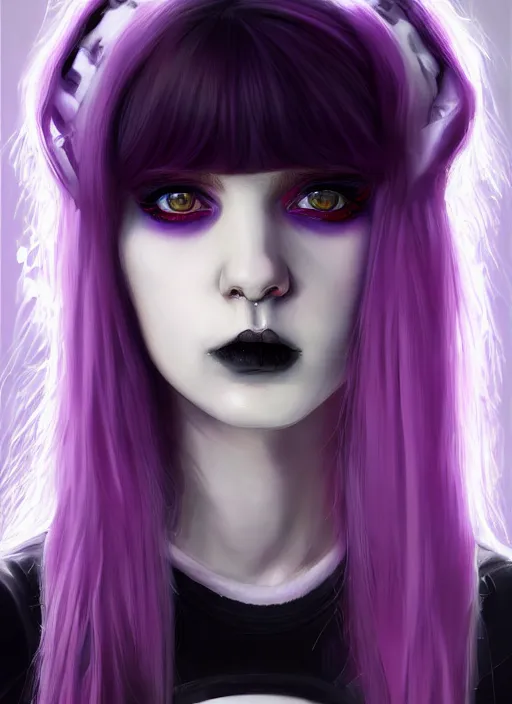 Image similar to portrait of white teenage girl, normal face, white bangs, mall goth, cyberlox, black and white hair, bangs, fluffy bangs, red contact lenses, purple lipstick, intricate, elegant, highly detailed, digital painting, artstation, concept art, sharp focus, smooth, illustration, art by wlop, mars ravelo and greg rutkowski