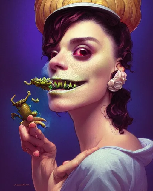 Image similar to close portrait with the creature, a toad with a top hat, smoking weed, vaporwave, bedroom, highly detailed, digital painting, artstation, concept art, smooth, sharp focus, illustration, art by artgerm and greg rutkowski and alphonse mucha