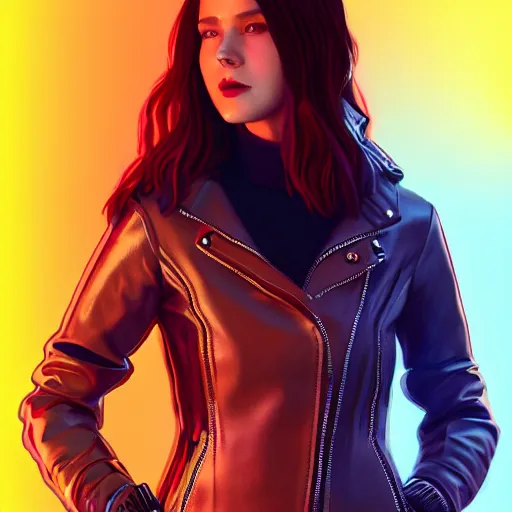 Image similar to pretty young woman with shoulder length shiny shimmering dark red hair and wearing futuristic studded leather jacket with the glow of neon lights illuminating her, path traced, highly detailed, high quality, digital painting, by cd projekt red, cyberpunk, leesha hannigan, makoto shinkai - h 7 0 4