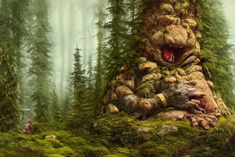 Image similar to huge mountain troll in a swedish forest, very low angle photograph, very detailed, trending on artstation, realistic, soft colors, illustration by john bauer, simon stålenhag