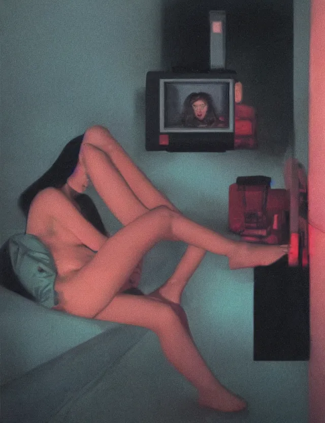 Image similar to girl in pajama watching television in dark room, redshift, wide shot, coloured polaroid photograph with flash, kodak film, hyper real, stunning moody cinematography, anamorphic lenses, by maripol, fallen angels by wong kar - wai, style of suspiria and neon demon and bahnhof zoo, david hockney, detailed, oil on canvas
