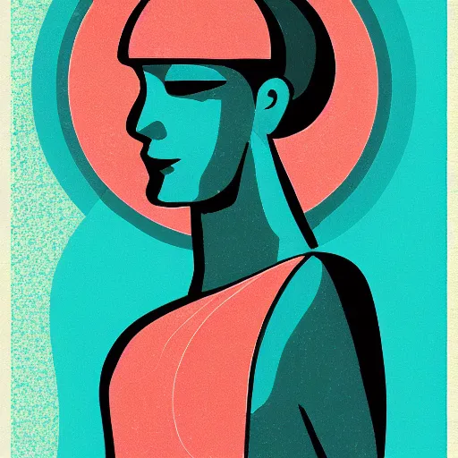 Image similar to art deco of a space woman, teal pallette, random artist