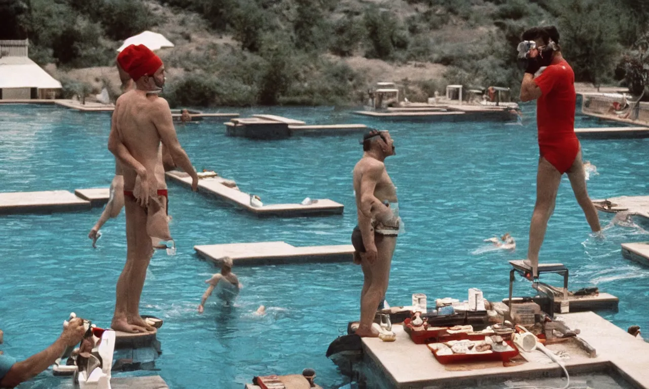 Prompt: “ steve zissou standing on the edge of a diving board beside a pool, hand feeding the loch ness monster a sardine, film still, wes anderson, extreme long shot ”