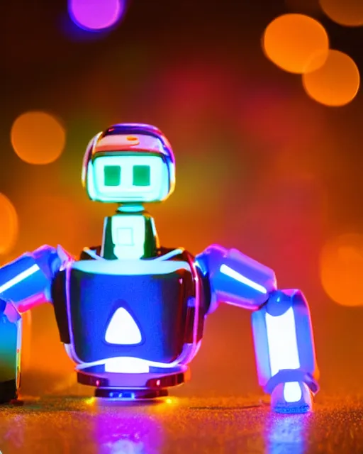 Image similar to high quality presentation night photo of an illuminated glowing retro toy robot, photography 4k, f1.8 anamorphic, bokeh, 4k, Canon, Nikon