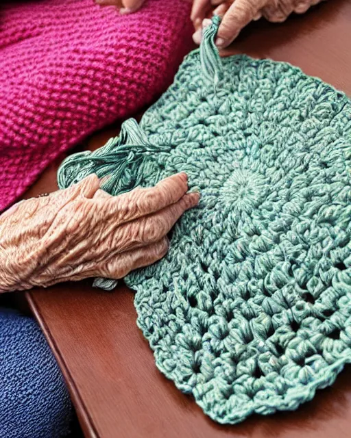 Image similar to a beautiful photograph of an elderly woman’s hands crocheting an Afghan, her hands are highly realistic and accurate.