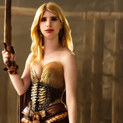 Prompt: full shot photo of emma roberts as an amazon warrior