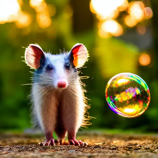 Prompt: photoshoot of an virginia opossum chasing large iridescent soap bubbles in a backyard, golden hour, national geographic style, 5 0 mm