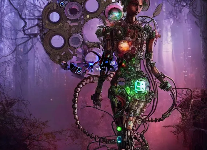 Image similar to intricate mechanical fairy with visible gears having tea with a cyborg gorgon medusa in a magical forest. Very detailed 8k. Fantasy cyberpunk horror. Sharp. Cinematic post-processing