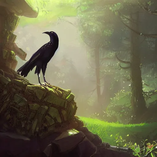 Image similar to concept art painting of an anthropomorphic steampunk crow, in the deep forest, realistic, detailed, cel shaded, in the style of makoto shinkai and greg rutkowski and james gurney