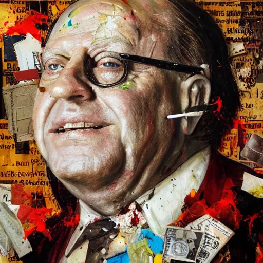 Image similar to hyperrealistic, photorealistic, mixed media oil painting of jack benny, magazine scraps, plaster, blood, oil, mustard, cigarettes, splatter, trending on artstation, award - winning painting, greg rutkowski, basquiat, ralph steadman, terry gilliam