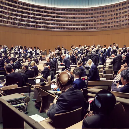 Prompt: UN meeting at The Hague , members yelling and screaming animatedly at Japan’s seating member, a large godlike masked and helmeted cyborg samurai , courtroom drawing , Photo realistic , Gregory Crewdson , Award winning. Masterpiece, exquisite detail, post processing