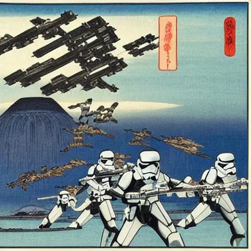 Prompt: star wars stormtroopers in battle, in the style of ando hiroshige, ukiyo - e