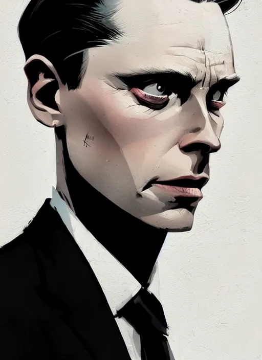 Image similar to highly detailed closeup portrait of sinister martin wallstrom, tyrell wellick, slick back hair wearing suit by atey ghailan, by greg rutkowski, by greg tocchini, by james gilleard, by joe fenton, by kaethe butcher, gradient blue, black and white only color scheme, grunge aesthetic!!! ( ( graffiti tag wall background ) )