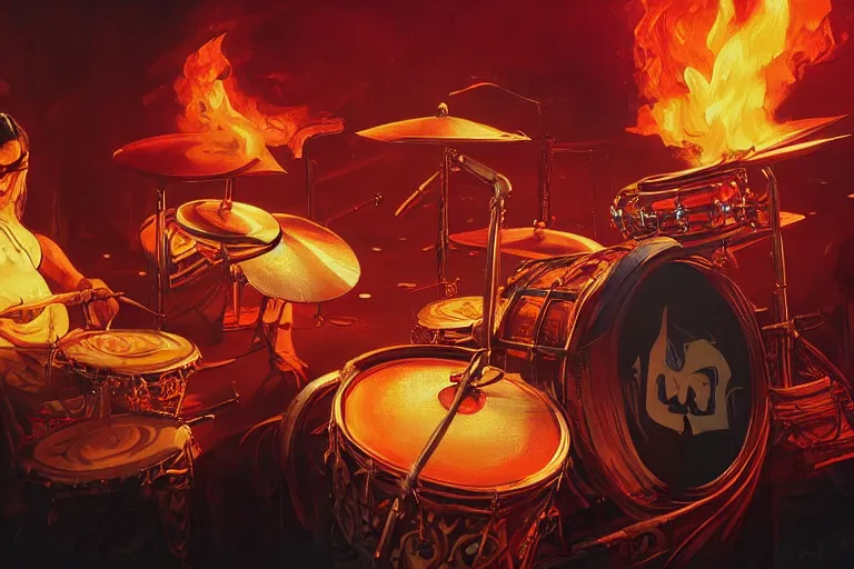 Image similar to drummer at a club playing punk rock drums on fire highly detailed, concert lighting huge speakers, atmosphere by peter mohrbacher and igor morski, very detailed, 2 4 mm lens, deep depth of field, artstation, 8 k