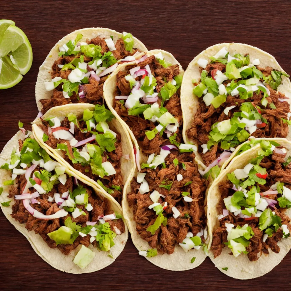 Image similar to close-up view of tacos on top of a wooden table, 8k, high detail, photorealistic, proper shading