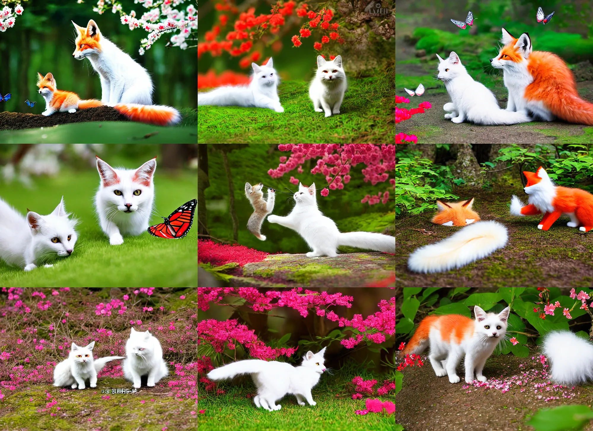 Prompt: white cat with fluffy red tail like fox tail playing with butterfly at sakura forest, high detailed, hyper realistic, photorealistic, leica 8 5 mm