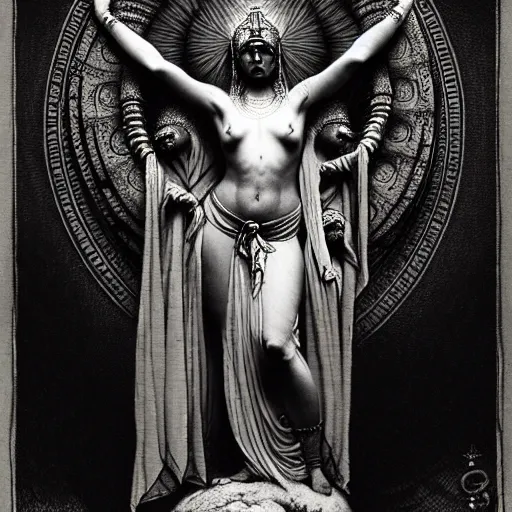 Image similar to marana slavic goddess with six arms : by gustave dore and greg rutkowski and wlop, mystic high contrast monochromatic noir