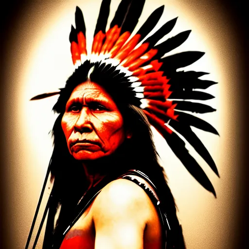 Image similar to red and black portrait of a Native American warrior woman