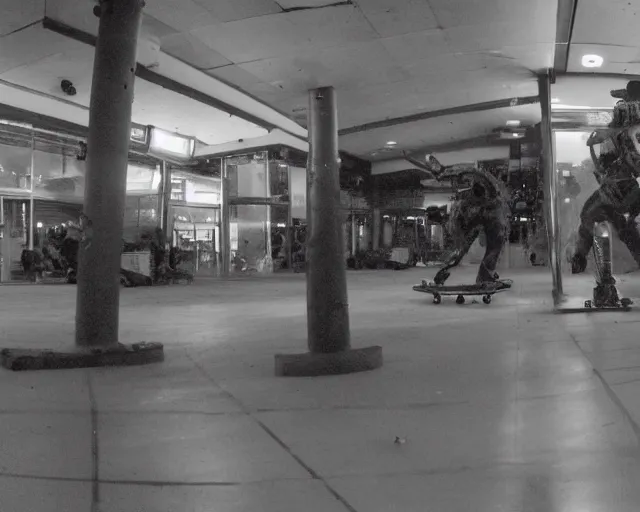 Image similar to camera footage of a Darpa Robots trying to stop skateboarders in an abandoned shopping mall, high exposure, dark, monochrome, camera, grainy, CCTV, security camera footage, timestamp, zoomed in, fish-eye lense, Robot, Skateboarding, Drone, Intense, Darpa,