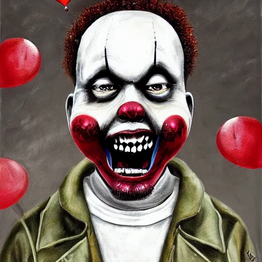 Image similar to grunge painting of kanye with a wide smile and a red balloon by chris leib, loony toons style, pennywise style, corpse bride style, horror theme, detailed, elegant, intricate