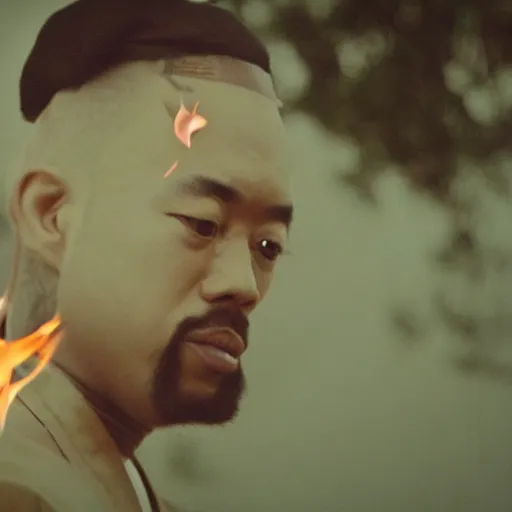 Prompt: cinematic film still of rapper DDG starring as a Japanese Sensei with fire, Japanese CGI, VFX, 2003, 40mm lens, shallow depth of field, film photography