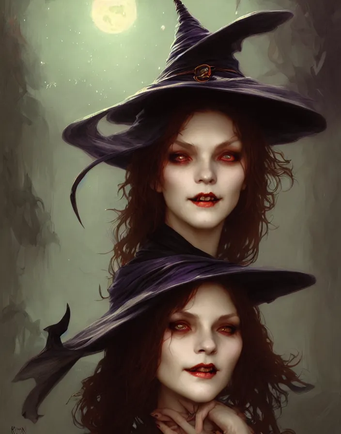 Image similar to halloween witch woman in a hat smiles, fantasy magic by ruan jia, undercut hairstyle, dark light night, intricate, elegant, sharp focus, illustration, highly detailed, digital painting, concept art, matte, art by wlop and artgerm and greg rutkowski and alphonse mucha, masterpiece