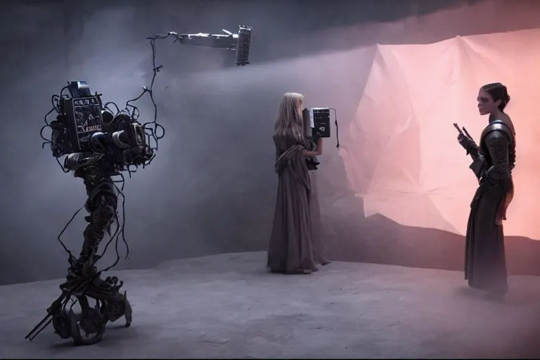 Prompt: vfx film, behind the scenes, on set, making of, film production, game of thrones robots, flat color profile low - key lighting award winning photography arri alexa cinematography, hyper real photorealistic cinematic, atmospheric cool colorgrade