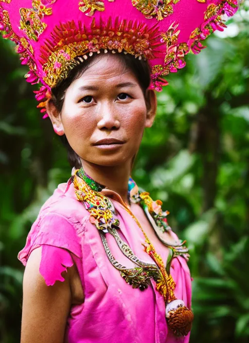 Image similar to portrait of female amazon warrior wearing pink kebaya in bali, by charlotte grimm, natural light, detailed face, canon eos c 3 0 0, ƒ 1. 8, 3 5 mm, 8 k, medium - format print