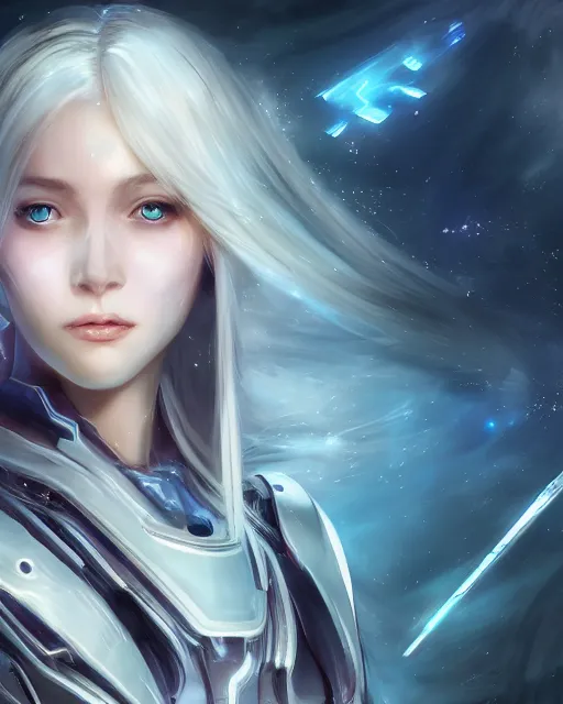 Image similar to beautiful android girl on a mothership, warframe armor, pretty face, scifi, futuristic, galaxy, raytracing, dreamy, perfect, digital painting, long white hair, blue cyborg eyes, sharp focus, intricate, highly detailed, artstation, intricate, innocent, art by gauthier leblanc, kazuya takahashi, huifeng huang