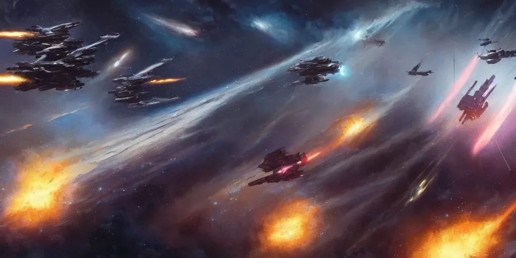 Prompt: A highly detailed Sci-Fi concept art matte oil painting set in space by Greg Rutkowski and Thomas Kinkade of an epic Space battle , Two massive capital ships firing at it each other ,while small fighter ships fly in formation ready to attack , nebula and stars in the background , perspective , action shot .