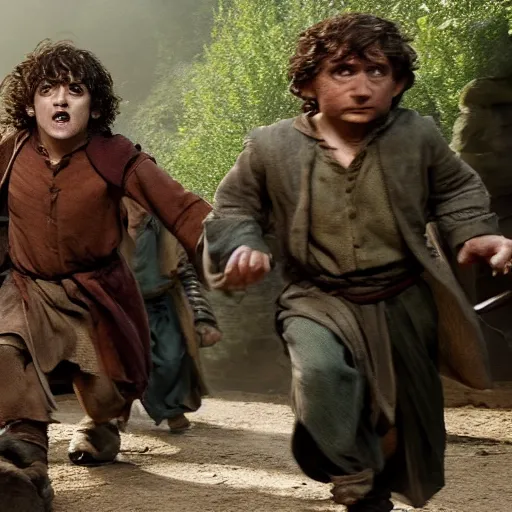 Prompt: frodo and bilbo are chased by orcs through an ancient indian temple complex