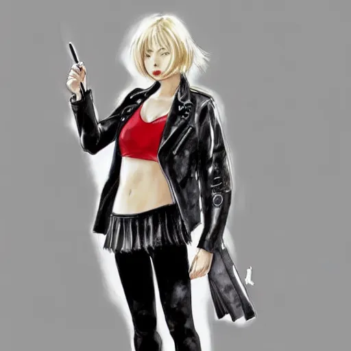 Prompt: a perfect, realistic professional digital sketch of a Japanese young woman posing, wearing leather jacket and skirt, in style of Marvel, full length, by pen and watercolor, by a professional American senior artist on ArtStation, a high-quality hollywood-style sketch, on high-quality paper