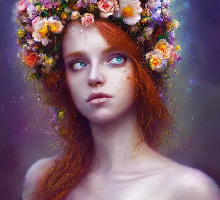 Image similar to cute female bride swathed in flowers, perfect face, tiara, ginger hair, abs, cinematic, freckles, stunning, athletic, strong, agile, highly detailed, psychedelic, digital painting, artstation, smooth, hard focus, illustration, art by jessica rossier and and brian froud