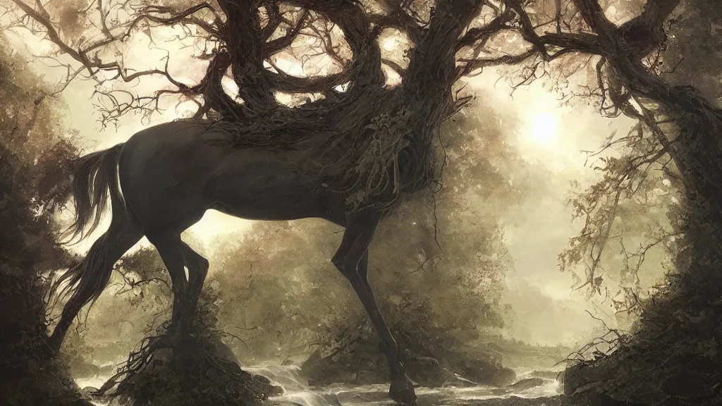 Prompt: over old trees wreathed with rotten vines fly evening crows, under a small bridge near a cottage a stream flows, on ancient road in the west wind a lean horse goes, sunset, by charlie bowater, by greg rutkowski