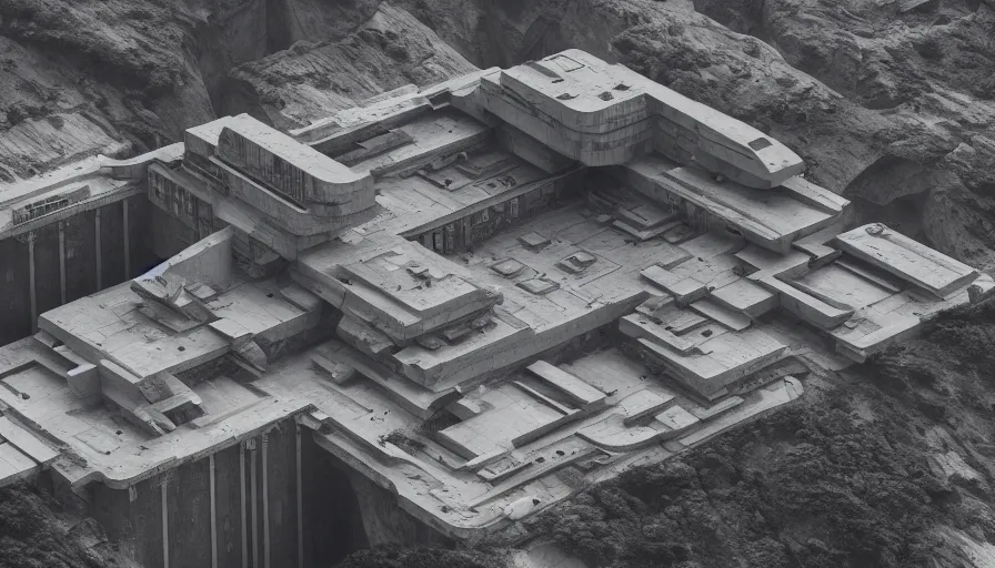 Prompt: big brutalist imperial military base on cliffs, drawing architecture, very long shot, top angle, imperial architecture in star wars, pritzker architecture prize, brutalism architecture, jan urschel, greig fraser