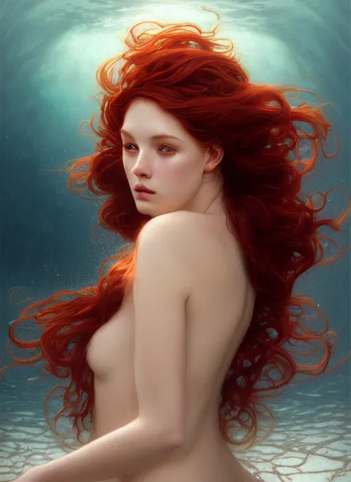 Image similar to goddess of the ocean portrait of a seductive redhead dreaming in underwater murky light, wind blown hair! fantasy esoteric, d & d, fantasy, intricate, elegant, highly detailed, digital painting, artstation, concept art, matte, sharp focus, illustration, art by artgerm and tom bagshaw and greg rutkowski and alphonse mucha