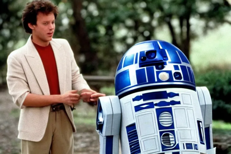 Image similar to a movie still from the 1989 romcom movie when Harry Met R2D2 starring Billy Crystal