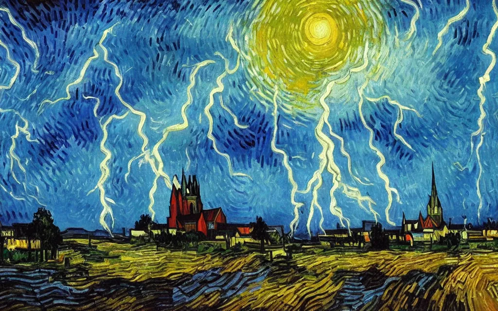 Prompt: atmospheric detailed expressionist oil painting of lightning storm over a tall gothic church, landscape painting, expressionism, blues, dramatic lighting, 8 k resolution detailed art, small brushstrokes, watercolor palette, painted by vincent van gogh