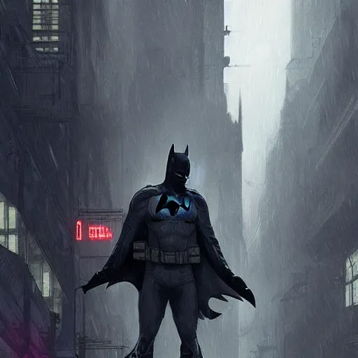 Prompt: Batman wearing techwear, high quality, digital art, dire cyberpunk city, gray sky, greg rutkowski