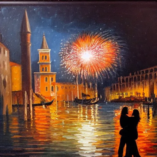 Image similar to an oil painting of couple kissing, in a background fireworks in venice