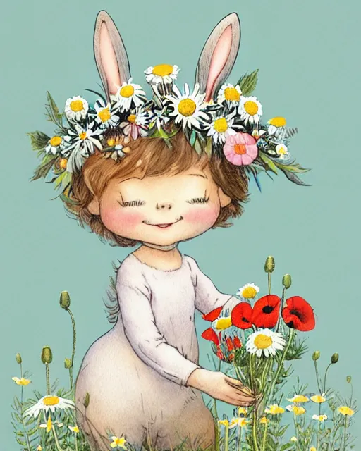 Prompt: a storybook illustration painting of a smiling happy cute bunny wearing a flower crown, daisies and poppies, by antoine de saint - exupery and annabel kidston and naomi okubo and jean - baptiste monge. a child storybook illustration, muted colors, soft colors, low saturation, fine lines, white paper