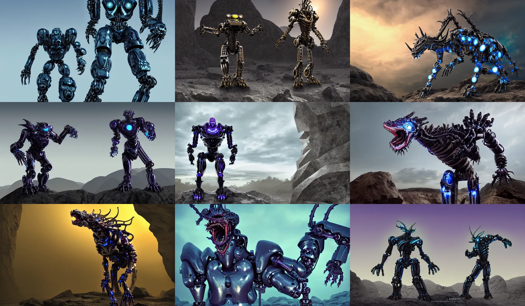 Prompt: Snarling biomechanical anthropomorphic robot dragon armor standing in a rock quarry, high contrast, magic hour photography, good value control, rule of thirds, centered, science fiction, silver and blue color schemes, rubber suit, glowing eyes, glowing mouth, low purple flame, high quality, 4k, matte painting, very detailed, concept art, illustration, League of Legends Character Splash Art
