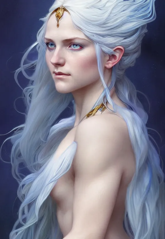 Image similar to portrait of fairy woman, d & d, blue eyes, white hair, face and full body, fantasy, intricate, elegant, highly detailed, digital painting, artstation, concept art, smooth, 8 k, sharp focus, illustration, art by artgerm and greg rutkowski and alphonse mucha