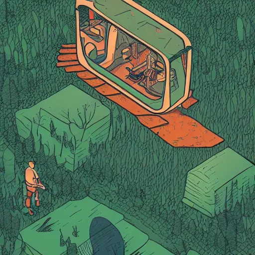 Image similar to aerial isometric view illustration of single hooded explorer in middle of lush forest , highly detailed, sunset, by , Max Prentis, Moebius, Laurie Greasley