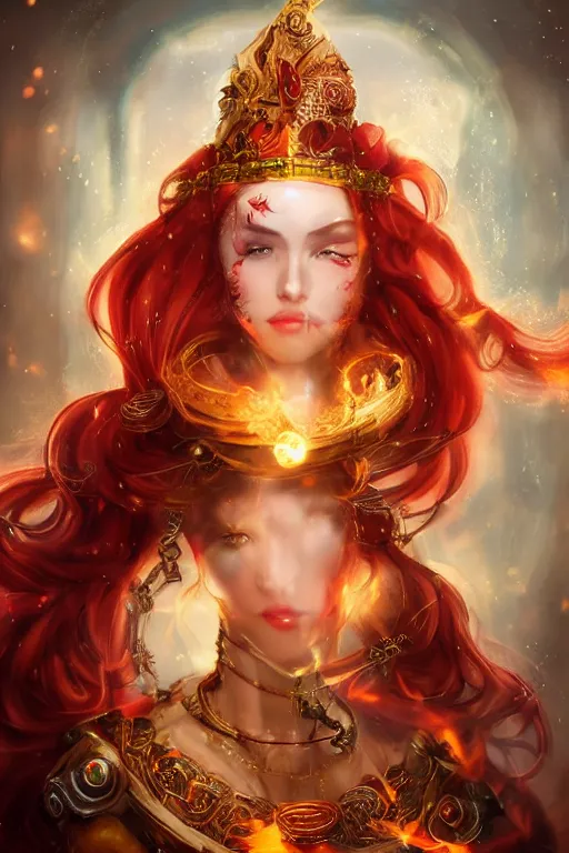 Image similar to a beautiful image of a young woman, steampunk Chandra queen of fire, big googles over her head, long flowing hair flowing with fire, steampunk costume mostly red and gold young female face, cinematic top lighting, insanely detailed and intricate, face by wlop, Charlie Bowater, golden ratio, symmetric, elegant, ornate, luxury, elite, matte painting, cinematic, trending on artstation, deviantart and cgsociety, 8k, high resolution