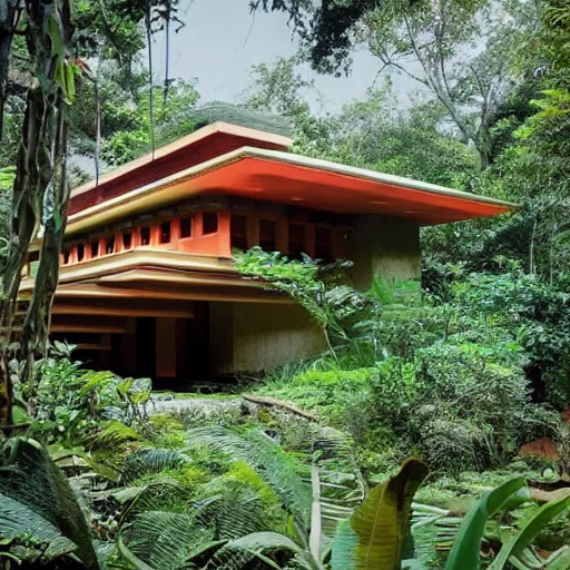 Image similar to a house designed by frank lloyd wright in the middle of the jungle,