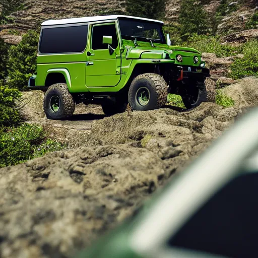 Image similar to closeup of a green Toyota Fj43 build in 1981, traveling through the mountains, black roof, with a roof rack, detailed, 8K, octane render, 8K,