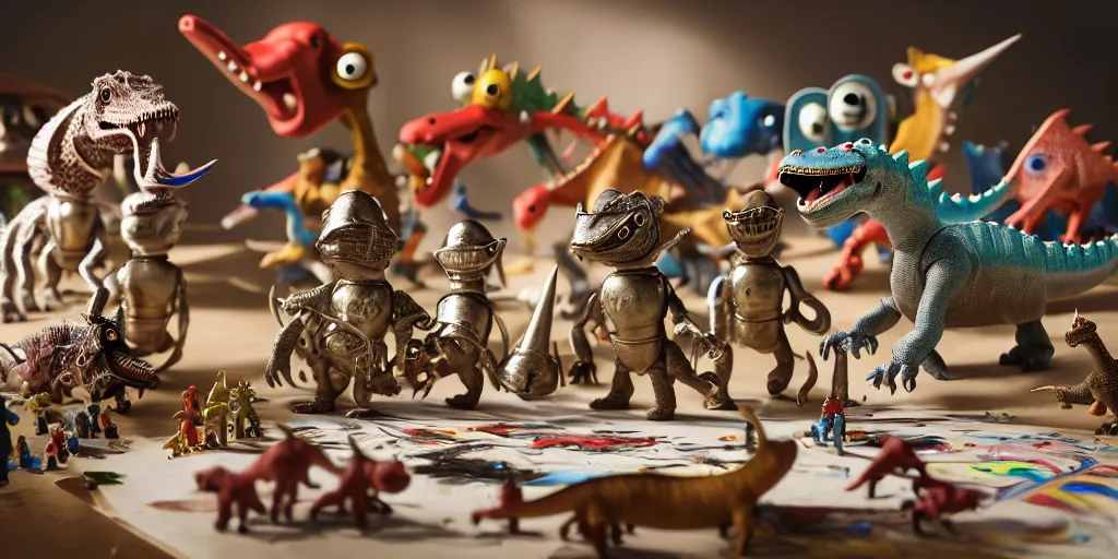 Closeup Portrait Of Tin Toy Knights Riding Dinosaurs | Stable Diffusion