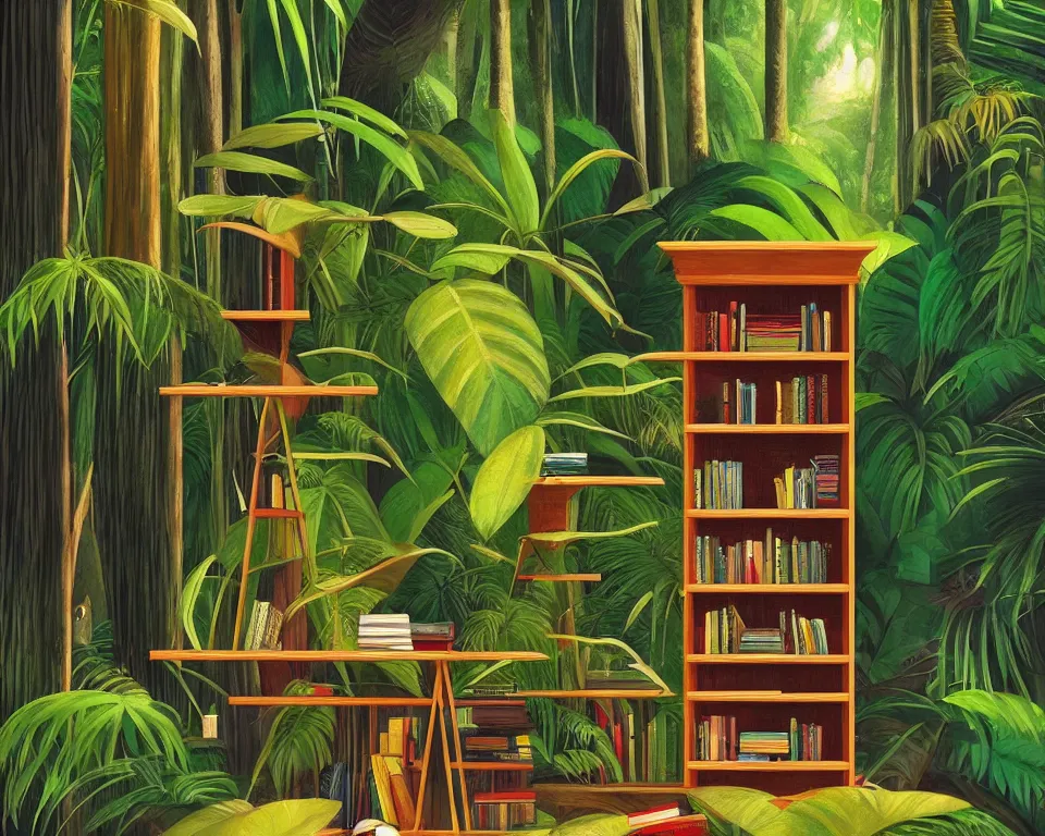 Image similar to one small bookshelf in the rainforest, featuring gavels, by hopper. hyperdetailed, proportional, romantic, enchanting, achingly beautiful, graphic print, trending on artstation, jungle, tropical, foliage